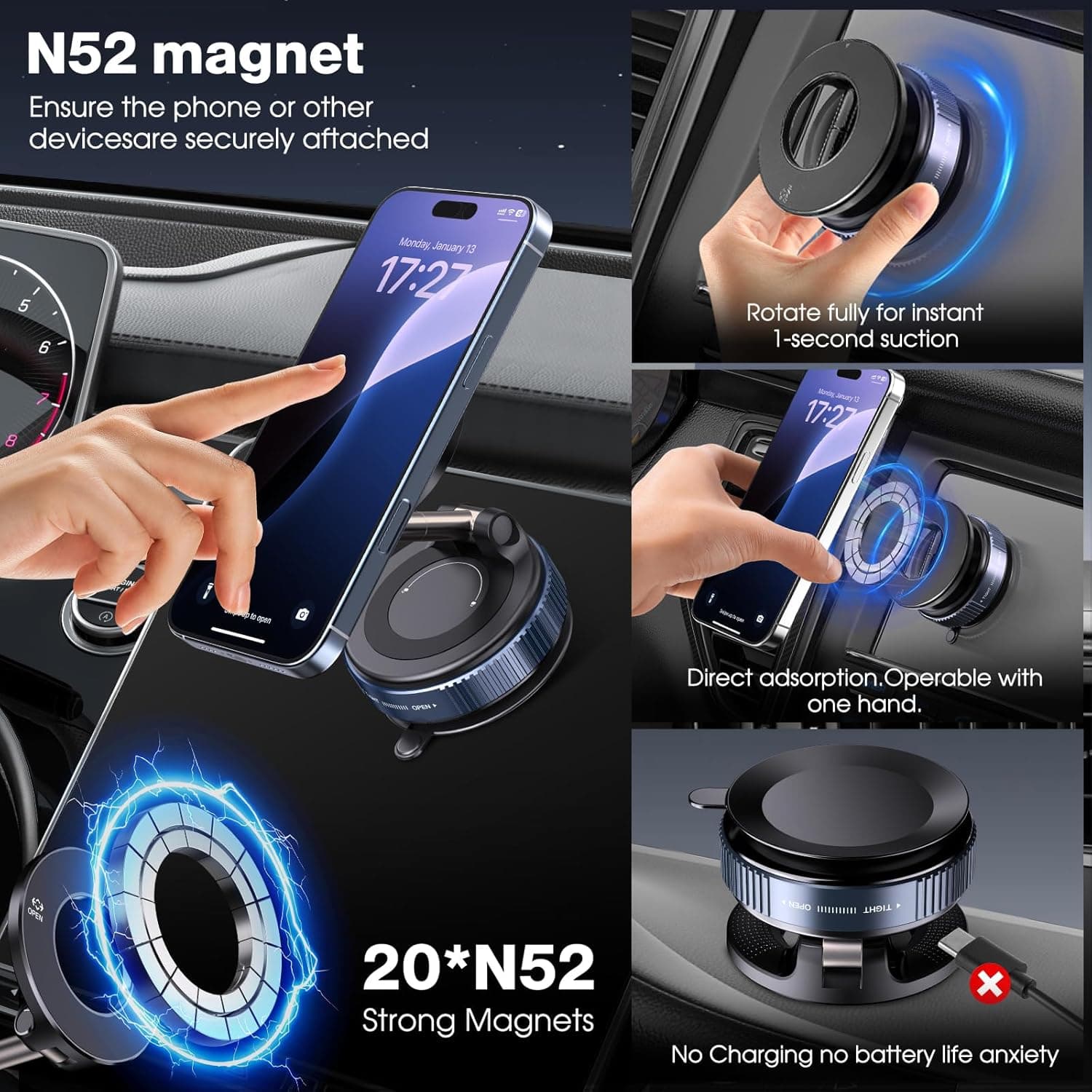 Majestic vacuum-magnetic car phone holders.